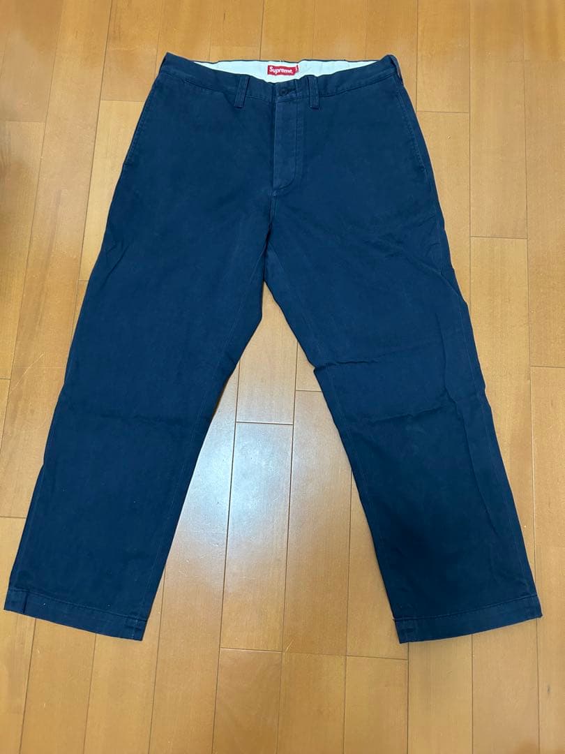 Supreme チノパン 34 刺繍 ネイビー シュプリーム ボトムス