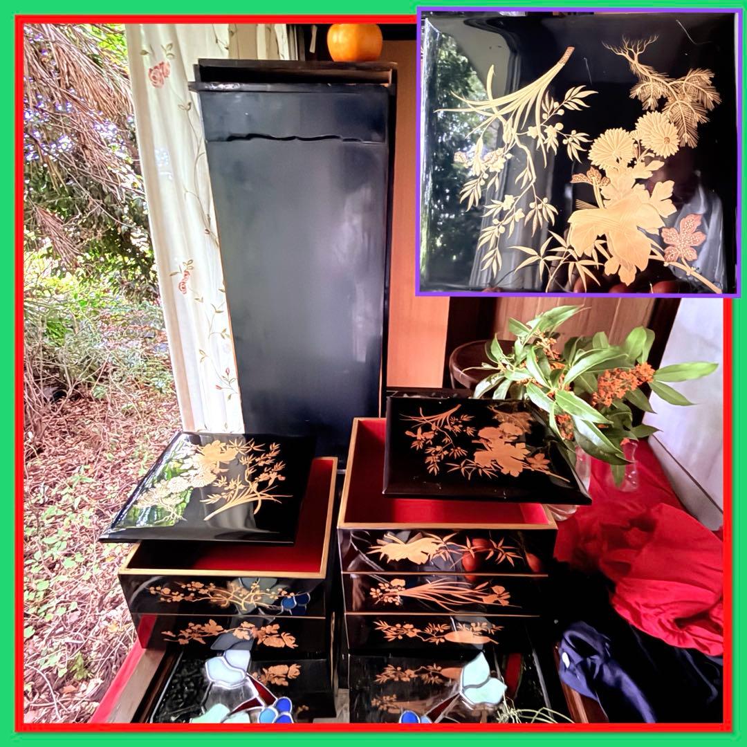 2201様感謝‼️JAPAN研ぎ出し高蒔蒔絵四君子華づくし五段重箱二枚蓋真塗桐箱入