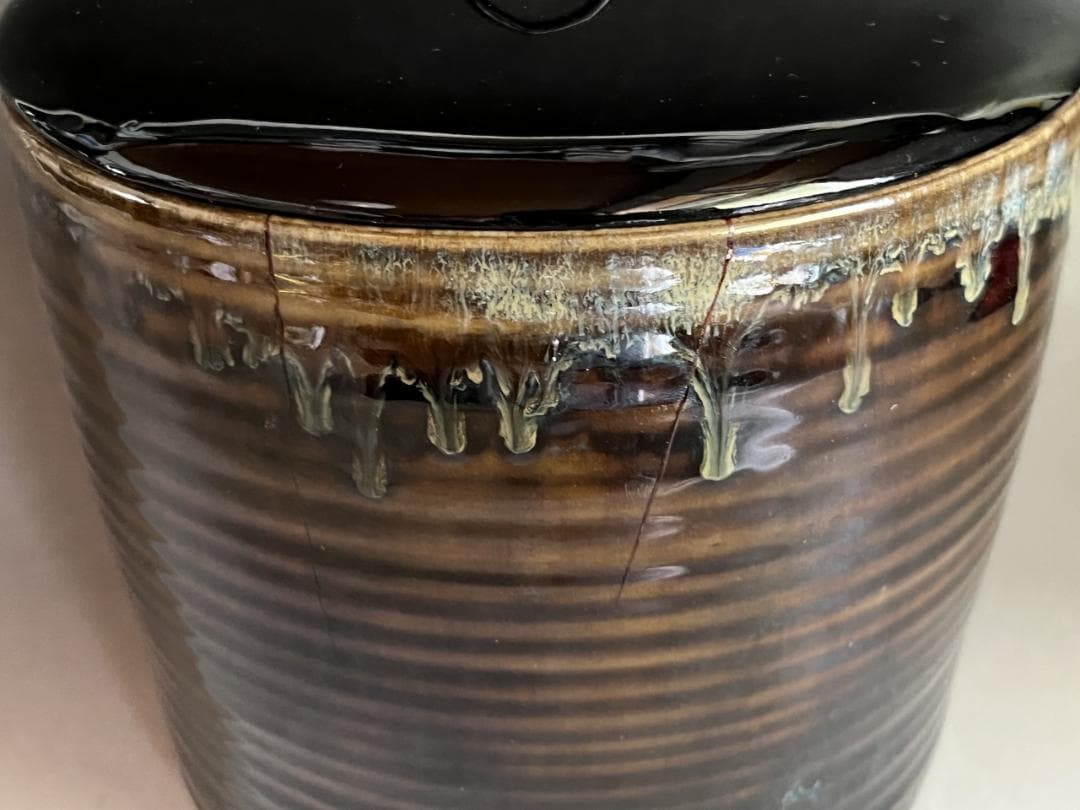 水指■高取焼 八仙窯 漆器蓋 涙紺 遠州七窯 塗蓋 直し有 飴釉 時代物 骨董■