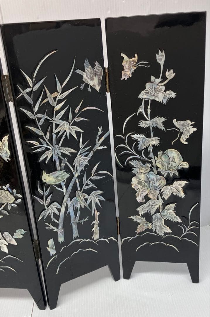 【螺鈿細工】卓上屏風　衝立　漆器　インテリア　美術品　花鳥　金魚　コレクション