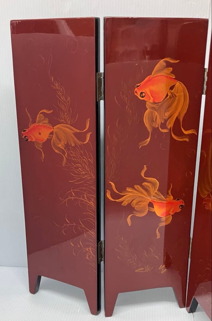 【螺鈿細工】卓上屏風　衝立　漆器　インテリア　美術品　花鳥　金魚　コレクション