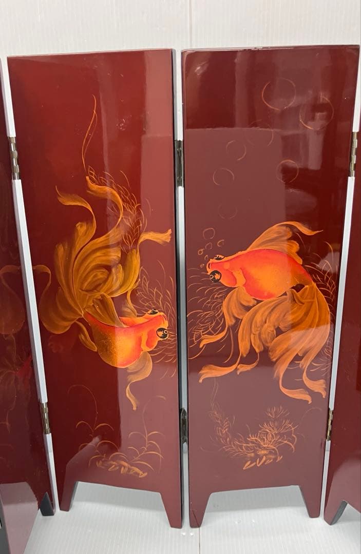 【螺鈿細工】卓上屏風　衝立　漆器　インテリア　美術品　花鳥　金魚　コレクション