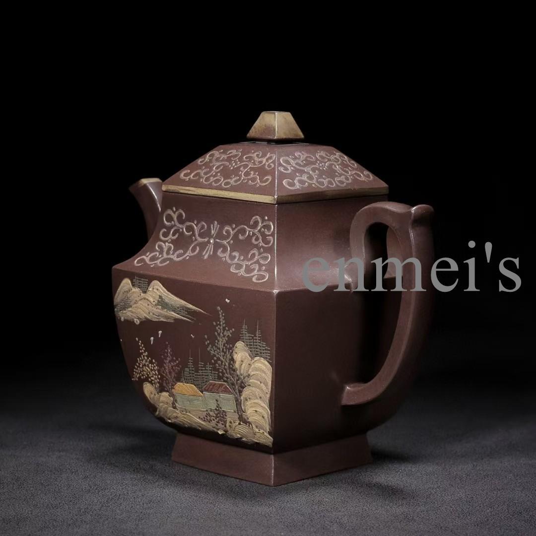 中国古美術・紫砂四方壺・原鉱紫泥・底款杨季初・急須・茶壺・山水風景と書紋・茶道具