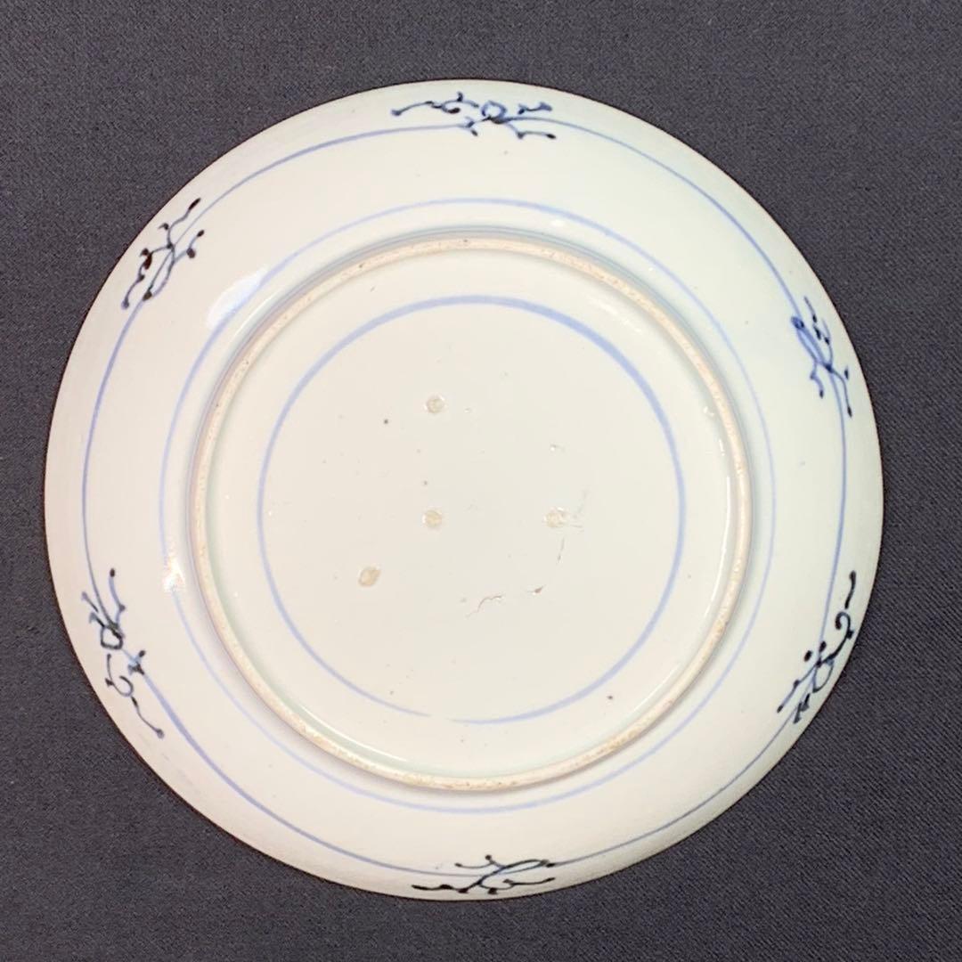 K613⭐︎藍九谷 雲に水辺の鳥文 六寸皿 墨弾き 完品 中皿 古美術