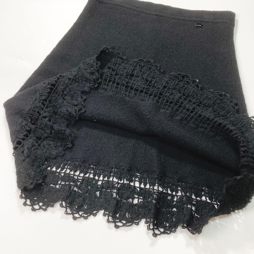 CHANEL 06C レースニットスカート ロゴプレート カシミヤ モヘア 40