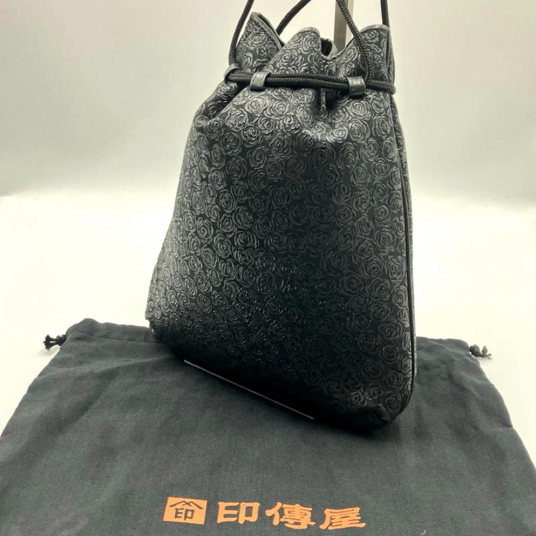【千恵子】印傳屋 ローズ柄 花柄 巾着バッグ 鹿革 ディアスキン 黒