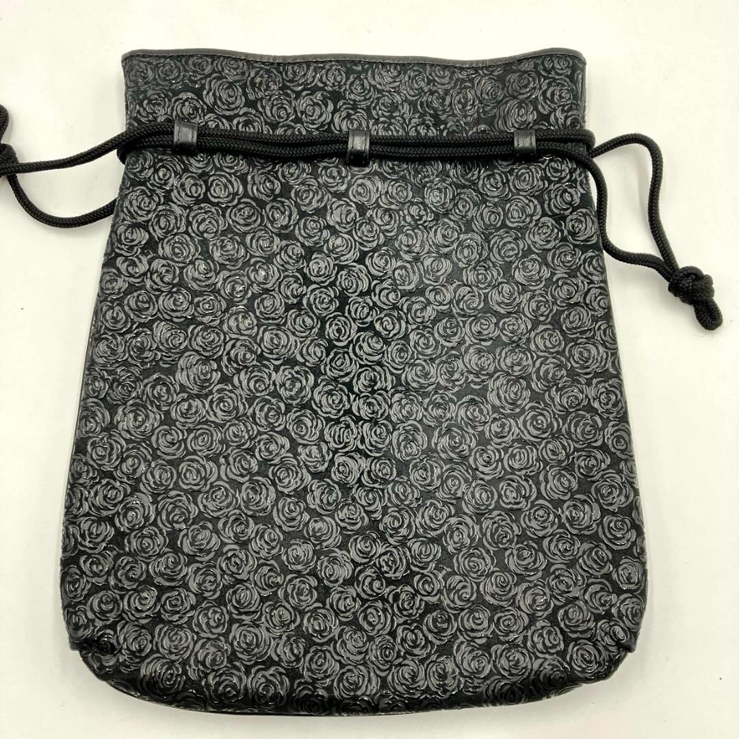 【千恵子】印傳屋 ローズ柄 花柄 巾着バッグ 鹿革 ディアスキン 黒