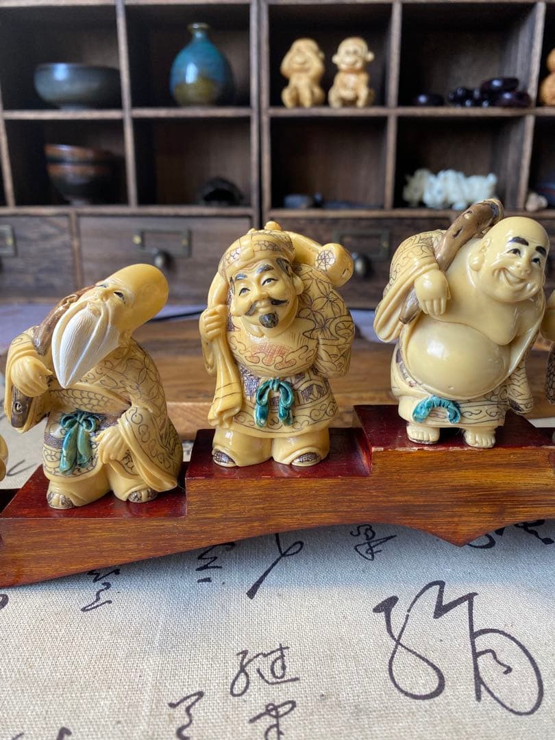 時代物　七福神 置物 山口 在銘有り 台座幅40.5cm 細密彫刻 開運 縁起物