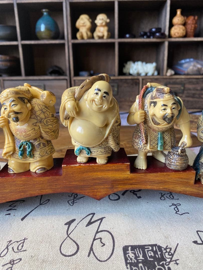 時代物　七福神 置物 山口 在銘有り 台座幅40.5cm 細密彫刻 開運 縁起物