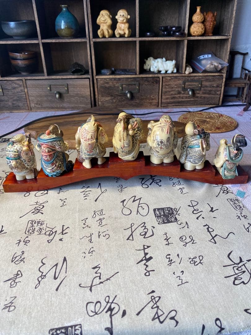 時代物　七福神 置物 山口 在銘有り 台座幅40.5cm 細密彫刻 開運 縁起物