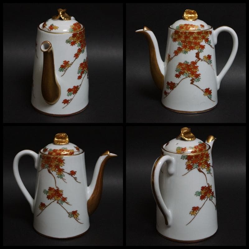 明治期 大村造 金彩赤色絵『紅葉文』オールドデミタスセット 里帰り★美品★