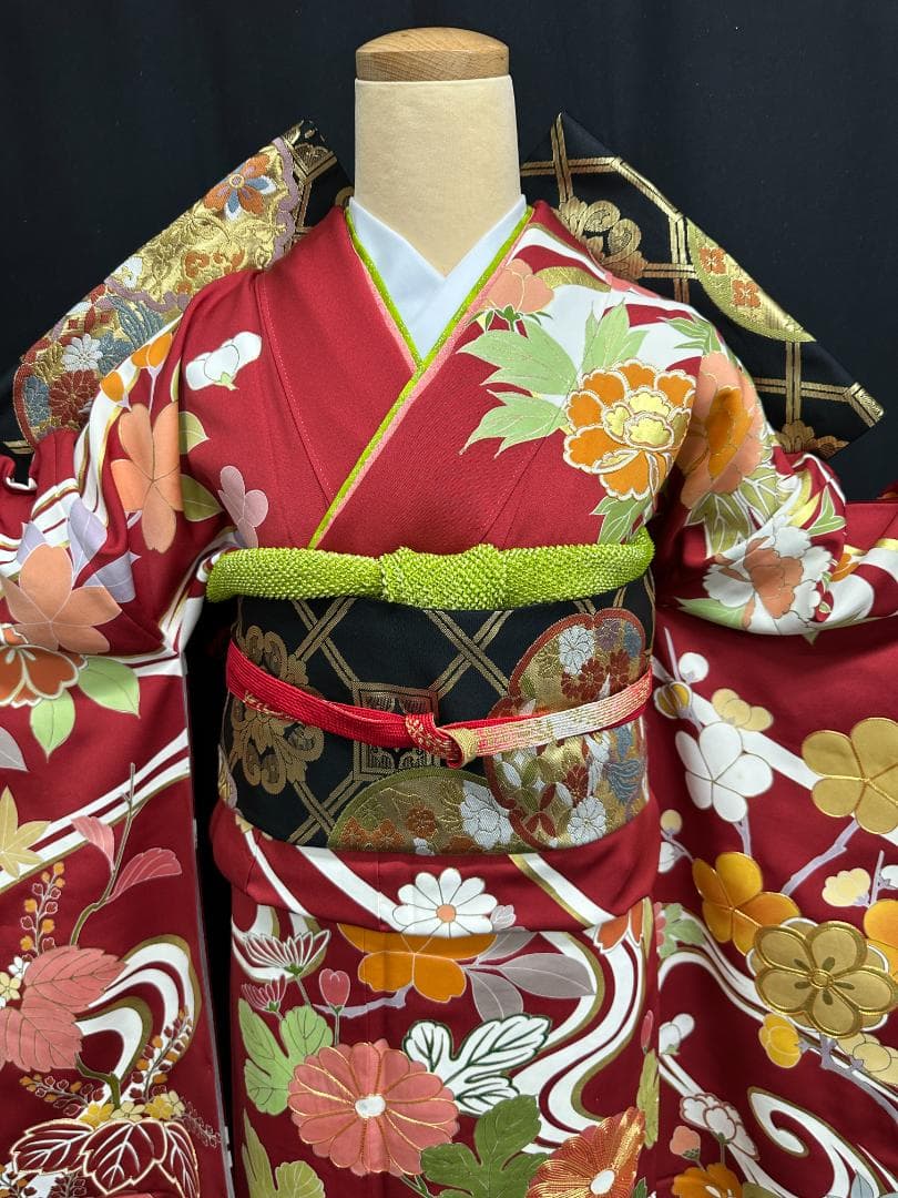 逸品 千總 赤地 刺繍 流水文 花 桐 振袖 川島織物 フルセット 松坂屋誂え