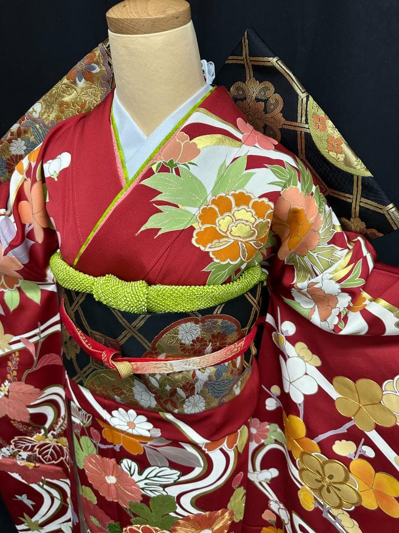 逸品 千總 赤地 刺繍 流水文 花 桐 振袖 川島織物 フルセット 松坂屋誂え