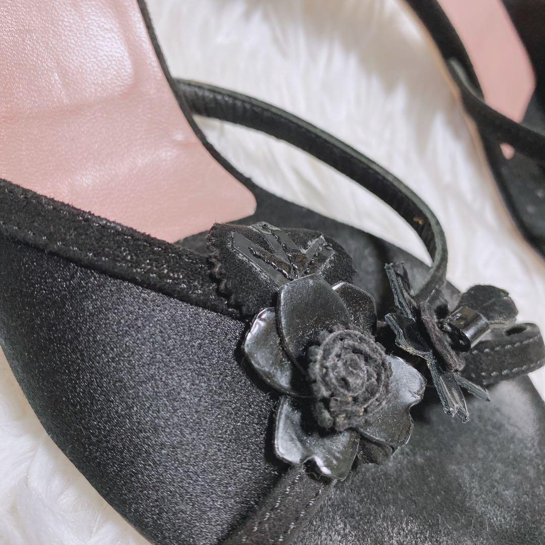プラダ PRADAレザー フラワー サンダル ミュール 黒 36