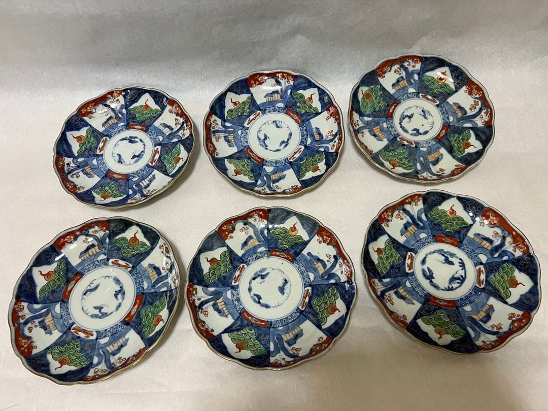 希少江戸時代 富長貴春 豆皿手塩皿 錦絵 色絵金彩時代物6点木箱あり直径21.5