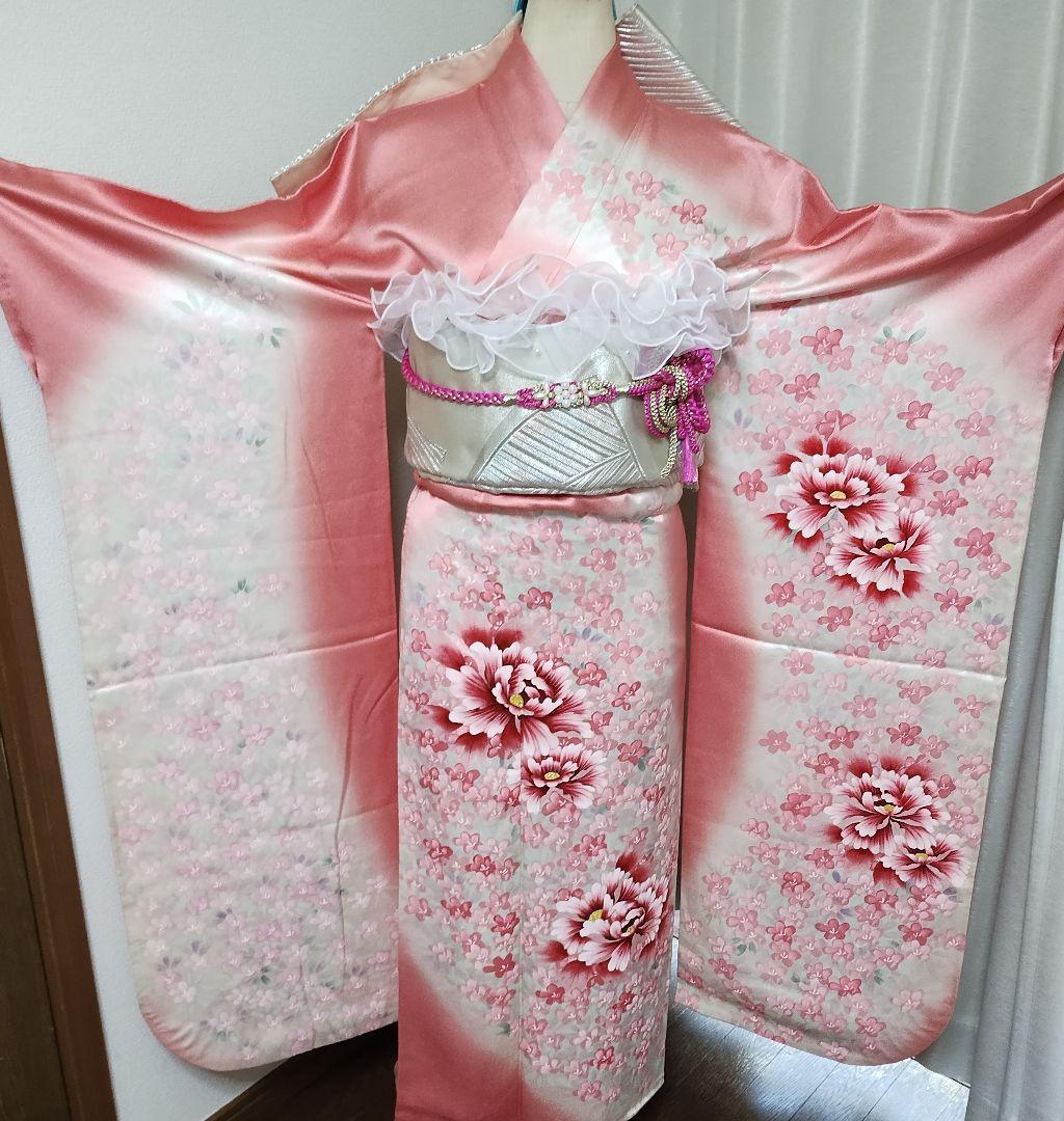 成人式正絹振袖フルセット　三越　上品　苺ピンク色　手描き暈し染め