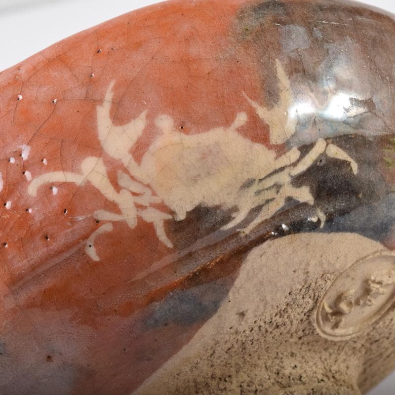 茶道具　楽焼　小川長楽造　花蟹文　赤楽平茶碗　夏茶碗　時代箱　C　7393