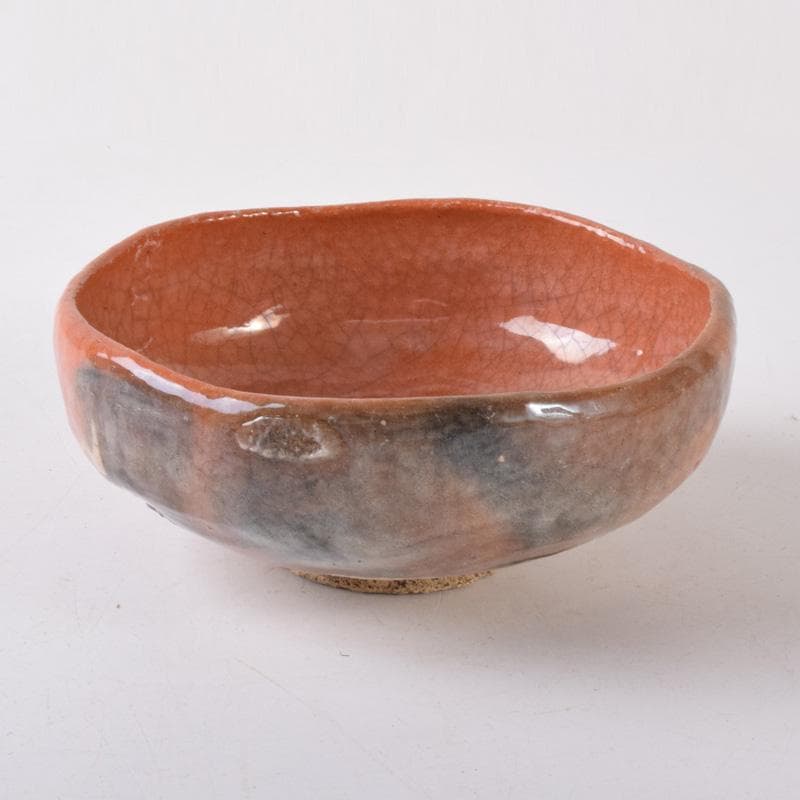 茶道具　楽焼　小川長楽造　花蟹文　赤楽平茶碗　夏茶碗　時代箱　C　7393