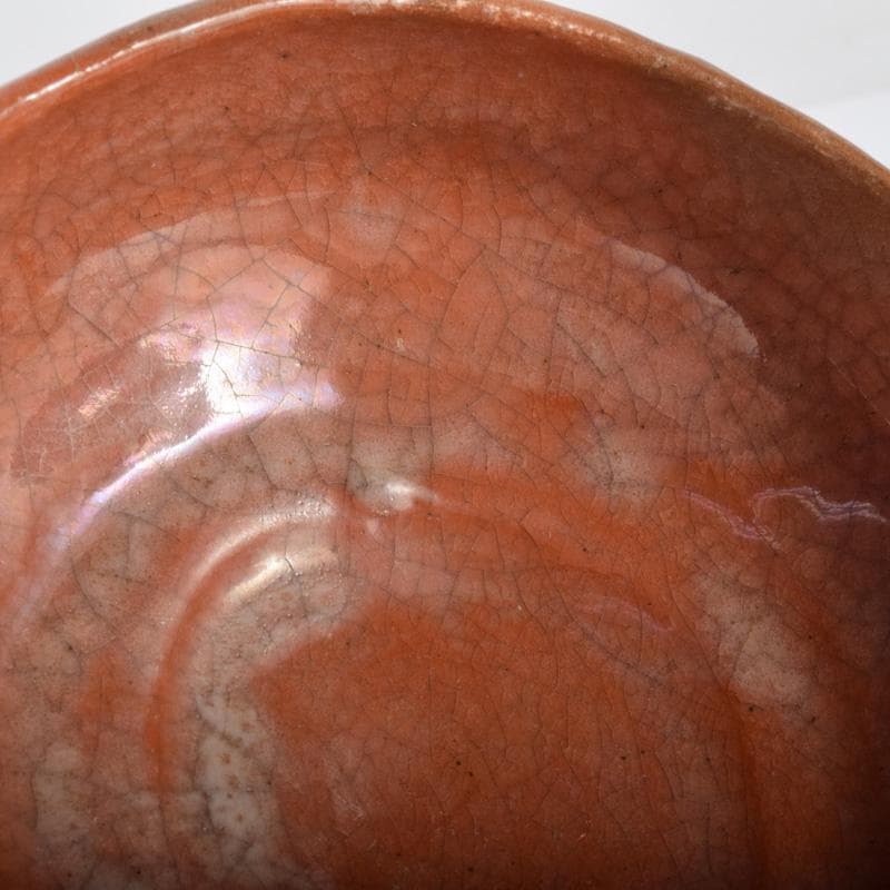 茶道具　楽焼　小川長楽造　花蟹文　赤楽平茶碗　夏茶碗　時代箱　C　7393