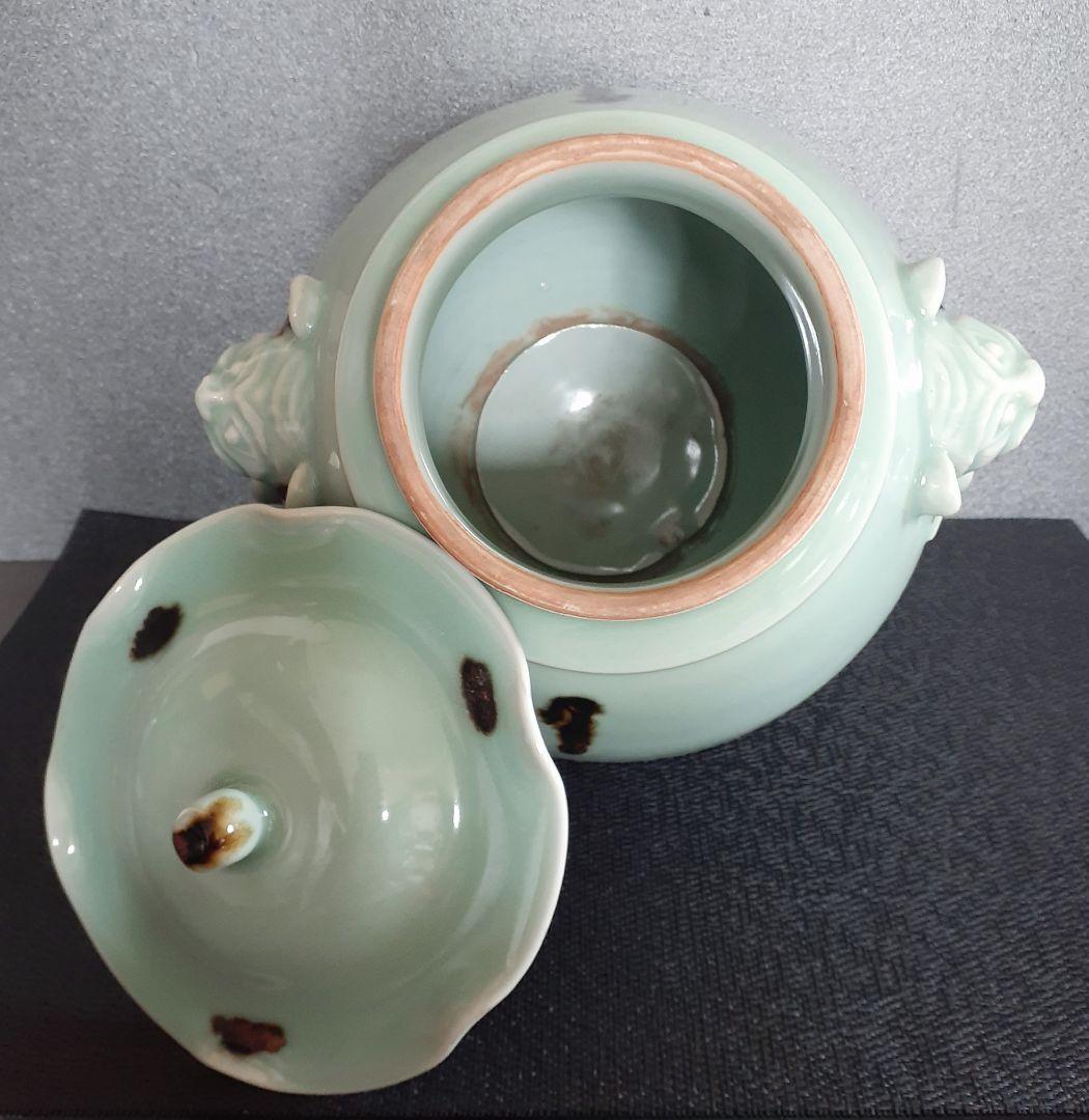 中国古美術　中国古陶磁器　古玩　中華民国期頃【飛び青磁】蓋付　水指　蓋物　酒会壺