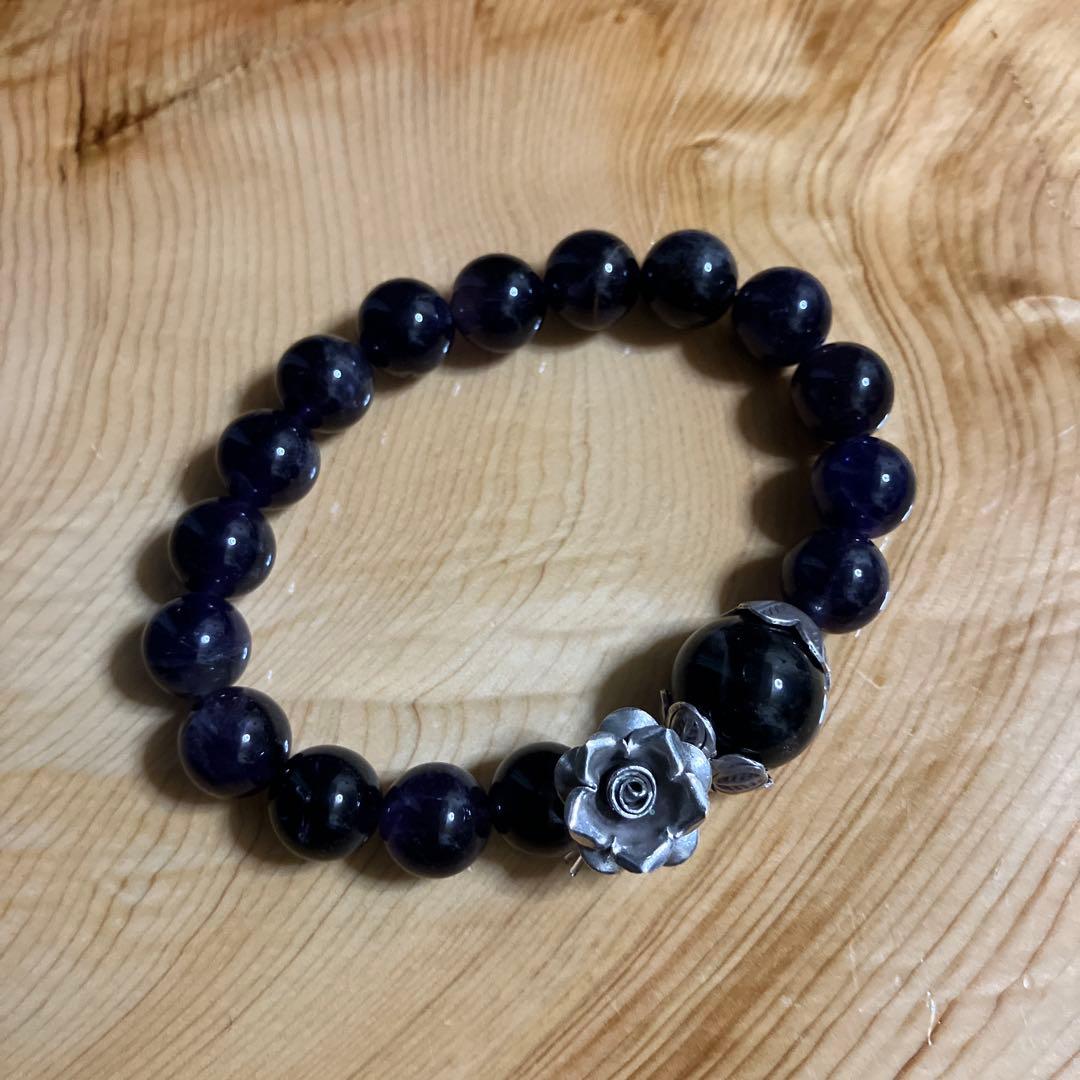 アメジストとモリオンカレンシルバーの薔薇、タイチンルチルブレスレット2本