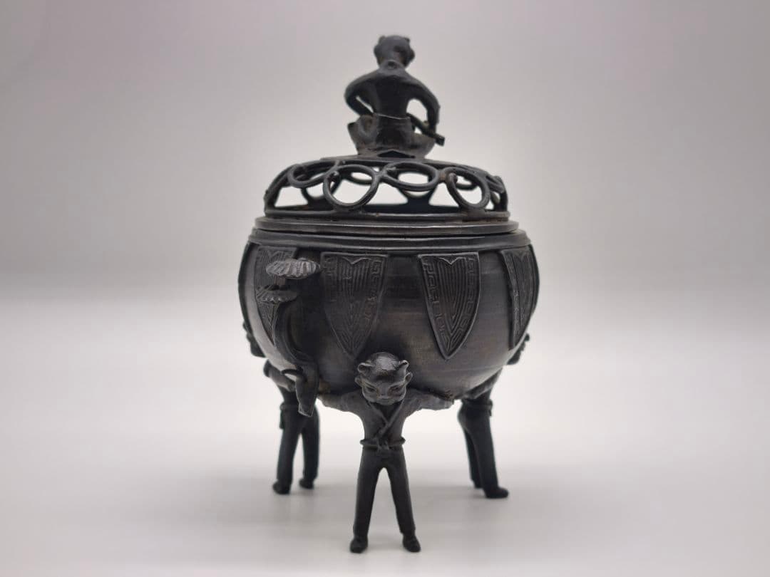 織田幸銅器 須賀月芳作 青銅製 香炉 玉型 霊芝耳 唐子足 螺鈿模様