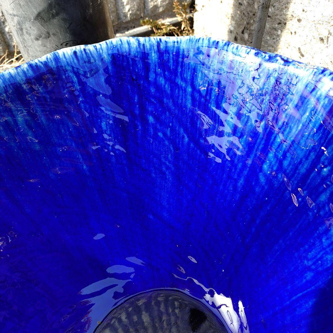 信楽焼　ブルーガラス　手作りメダカ鉢　49㌢水連鉢　ビオトープ　めだか鉢