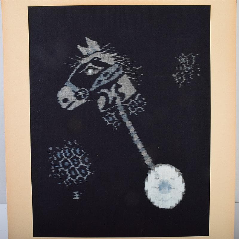 人間国宝　松枝玉記　藍染　久留米絣　綿織物　月兎　馬　額装　2点　CR7561B