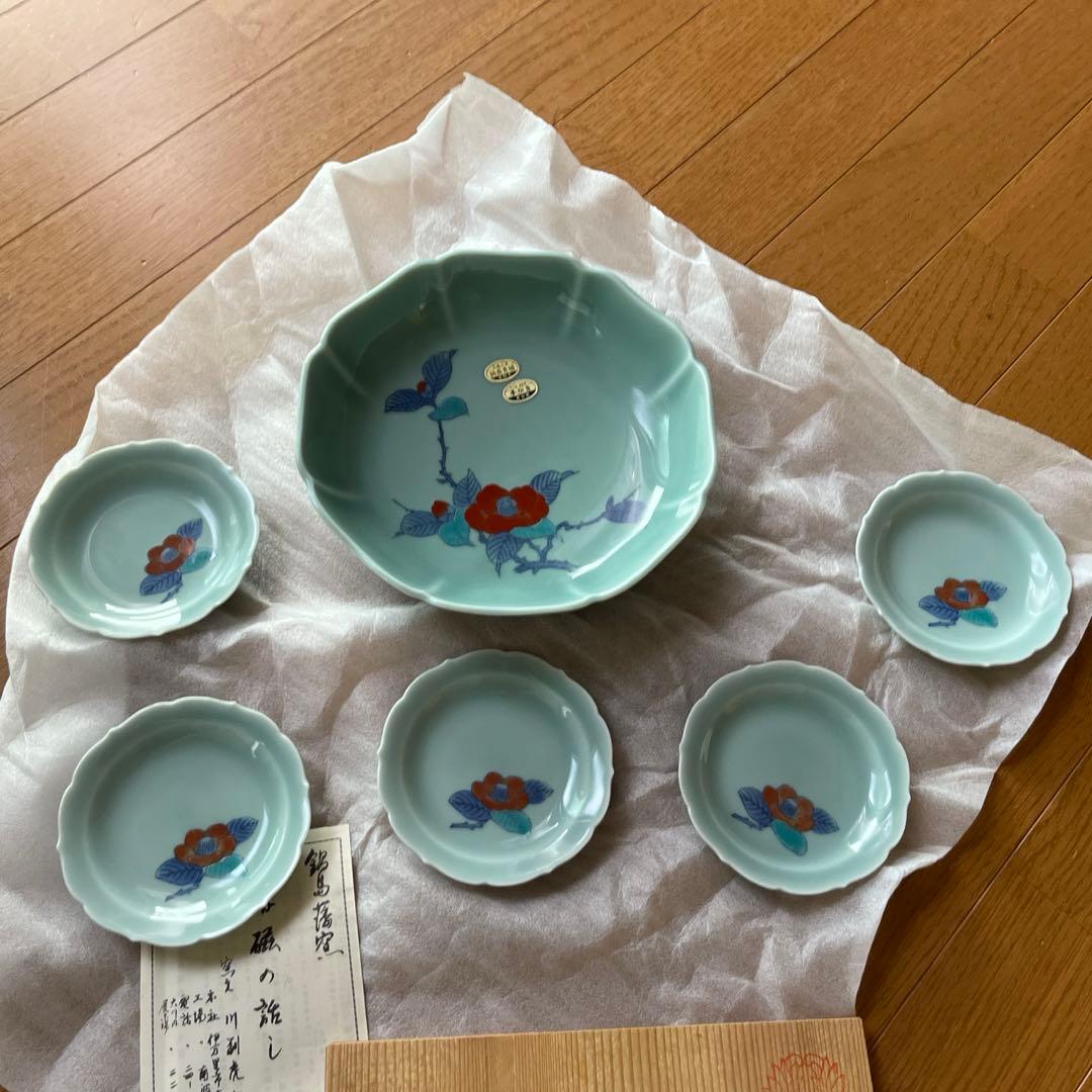 鍋島焼　伊万里　青磁　窯元虎仙窯 大皿1 小皿5 セット　箱付き