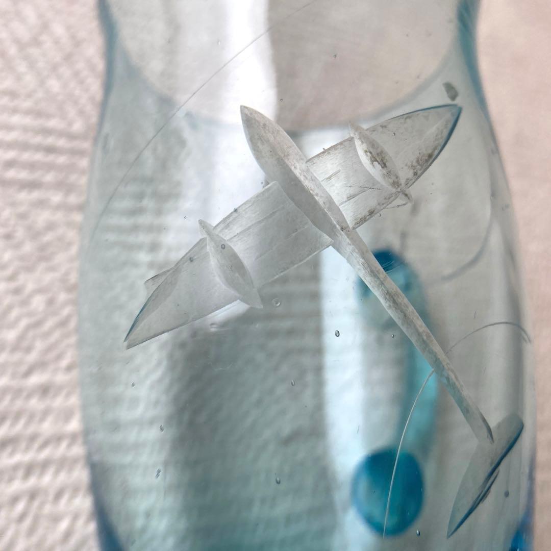 骨董 水色 ガラスカップ 零戦 戦闘機 切子細工 日本 レア ヒビあり