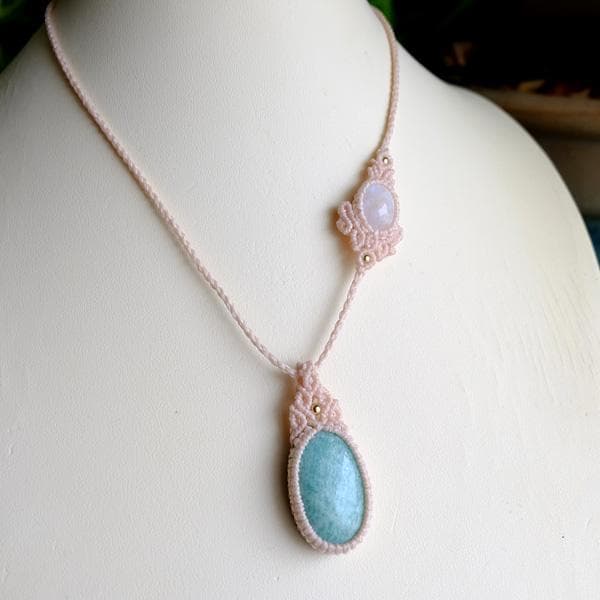 アマゾナイト・ムーンストーン 天然石マクラメ編みペンダントネックレス 3738