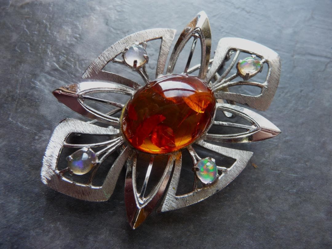 最終　琥珀　ウォーターオパール　帯留　ブローチ　ペンダント