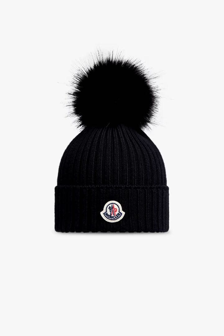MONCLER ブラック ニット帽 ファー付きポンポン