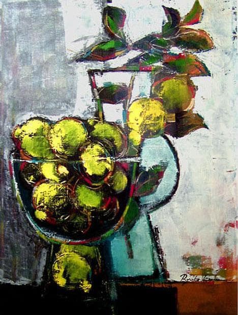 油絵 菅家令子絵 絵画インテリア額付(白) uF6-063304 静物レモン 器