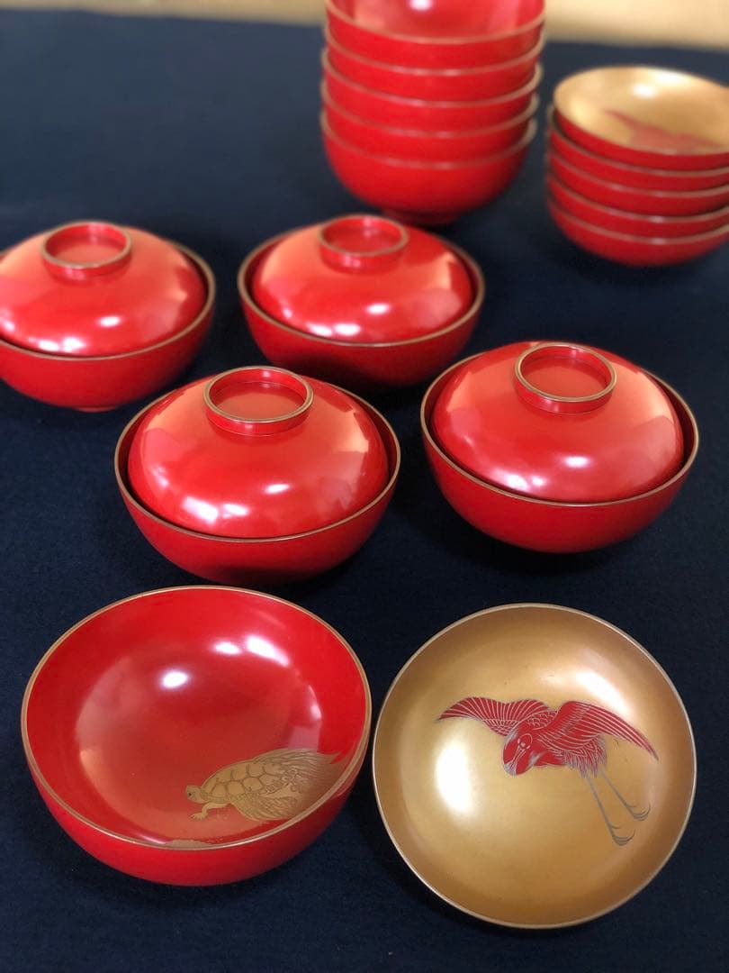 《レ》朱塗 鶴亀蒔絵 蓋内金 吸物椀5客 木製漆器 時代　251110う5