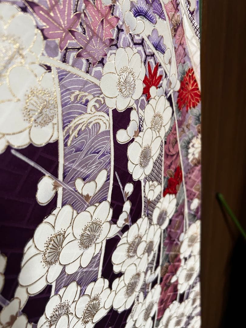 正絹 振袖 紫 古典柄 梅牡丹 金彩 地紋 身丈159 裄63 袖丈105