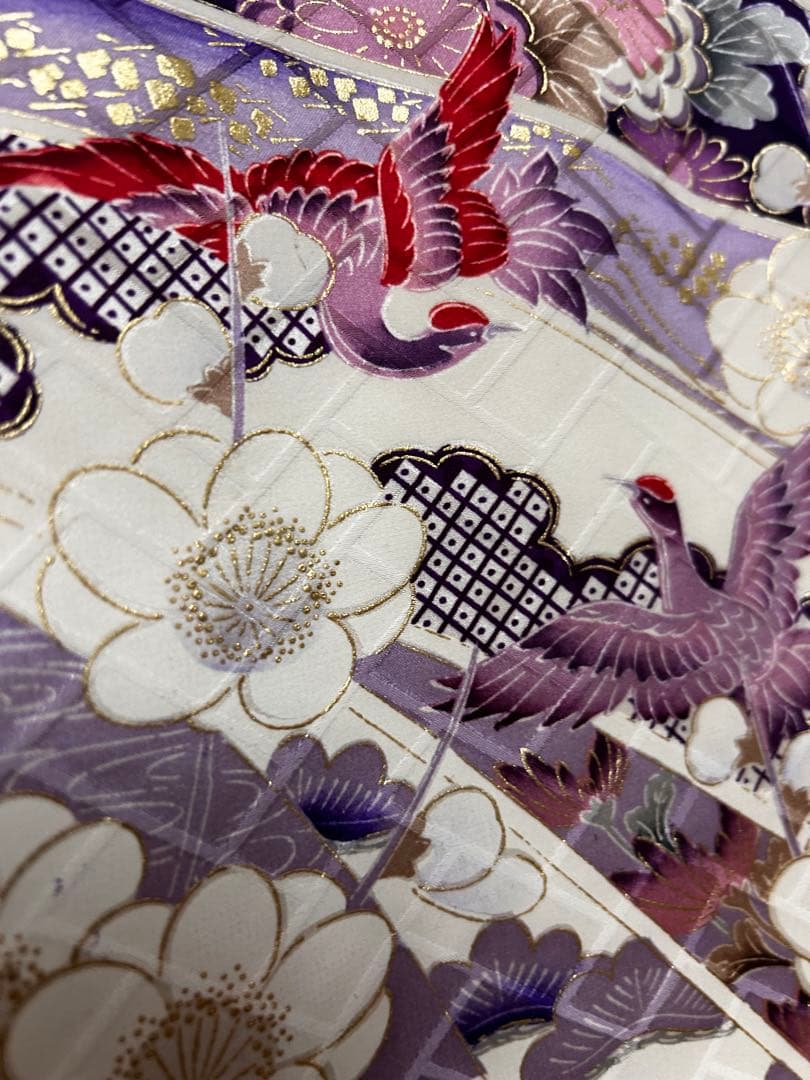 正絹 振袖 紫 古典柄 梅牡丹 金彩 地紋 身丈159 裄63 袖丈105