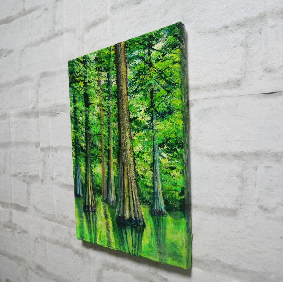 油絵 油彩 油彩画 絵 絵画 絵【水面に映るラクウショウの森﻿】