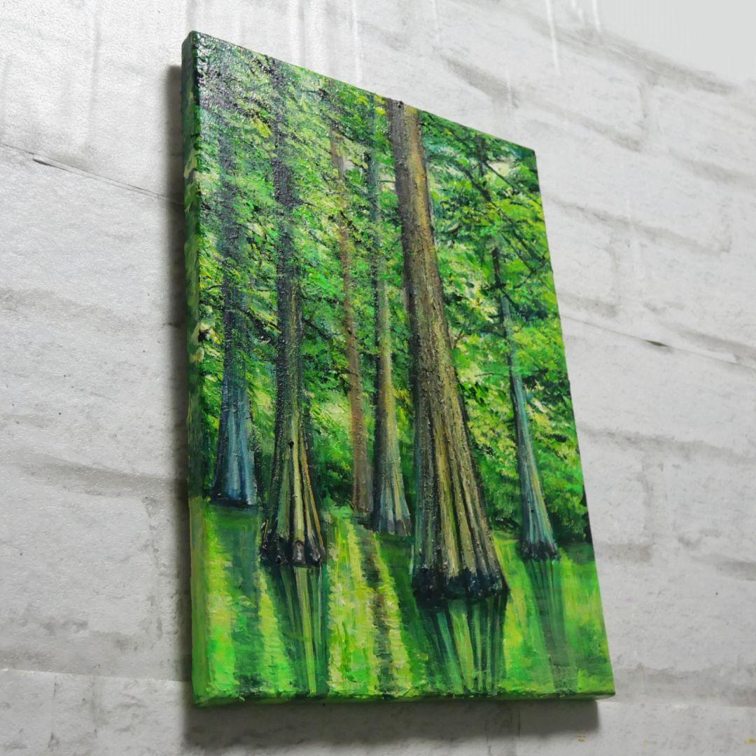 油絵 油彩 油彩画 絵 絵画 絵【水面に映るラクウショウの森﻿】