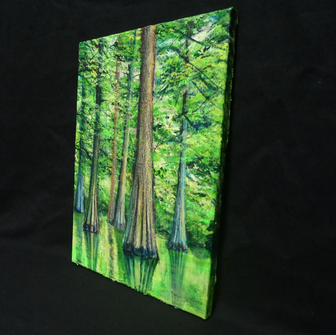 油絵 油彩 油彩画 絵 絵画 絵【水面に映るラクウショウの森﻿】