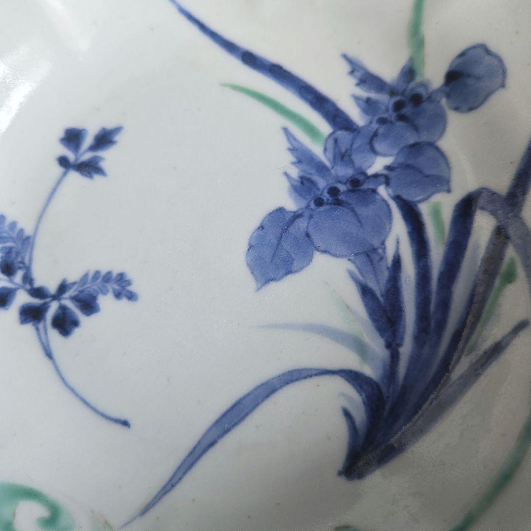 古伊万里　色絵　染付　変形皿　江戸時代　骨董　菖蒲　金直し　金継ぎ　アンティーク