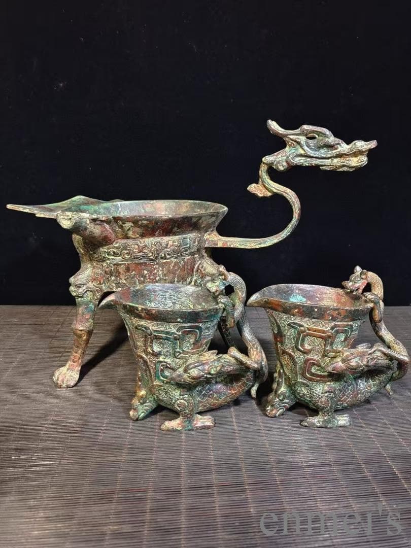 中国古美術 漢代 青銅器3点セット 龍首柄 鎖斗 酒器 三足設計 温酒器 禮器