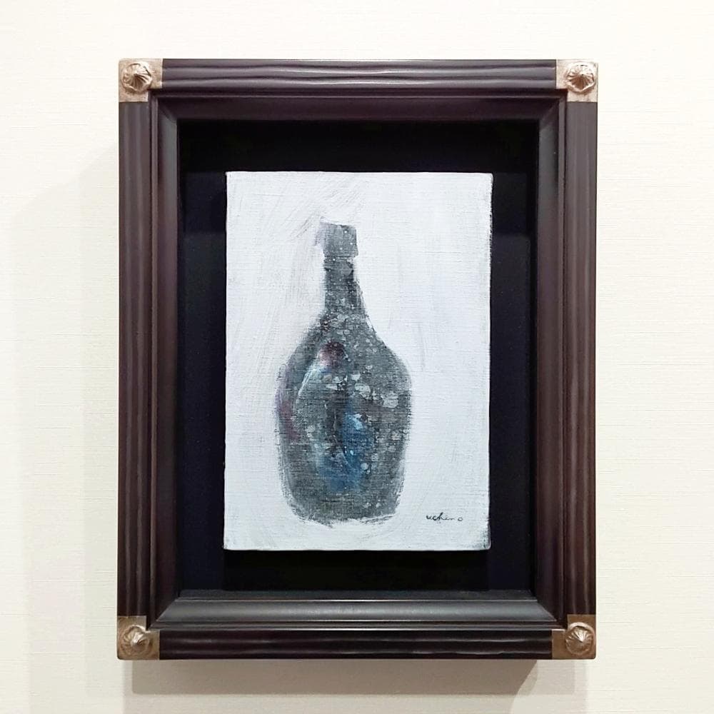 内野隆文　ワインボトル　絵画　キャンバスにアクリル　サムホール　額付　静物画