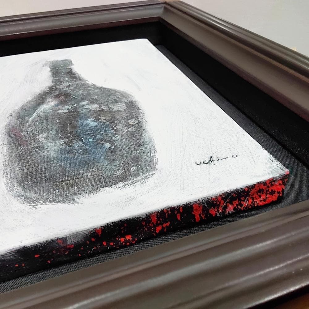 内野隆文　ワインボトル　絵画　キャンバスにアクリル　サムホール　額付　静物画