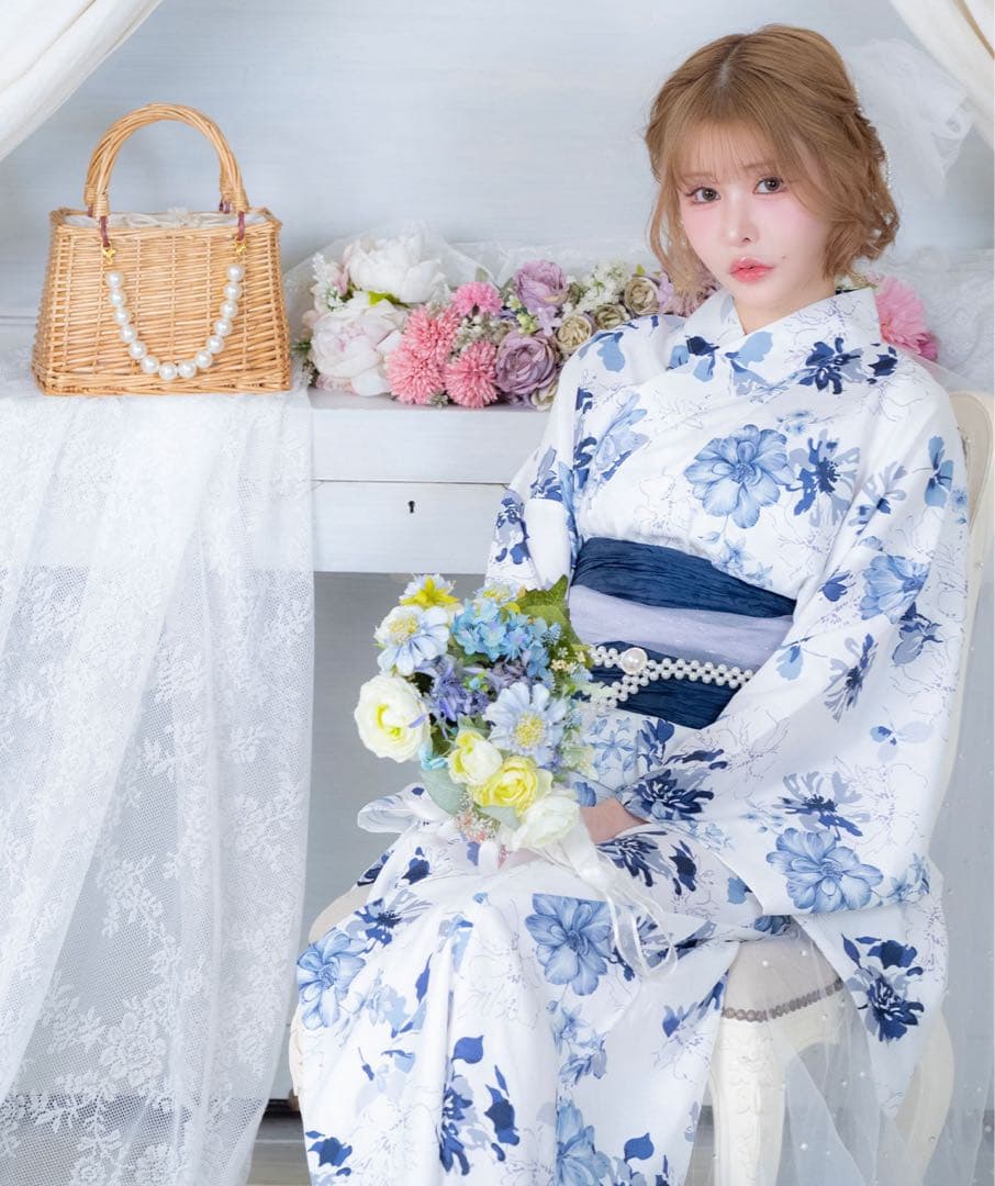 浴衣ワンピース2way水彩ニュアンスブルーフラワーゆかた3点