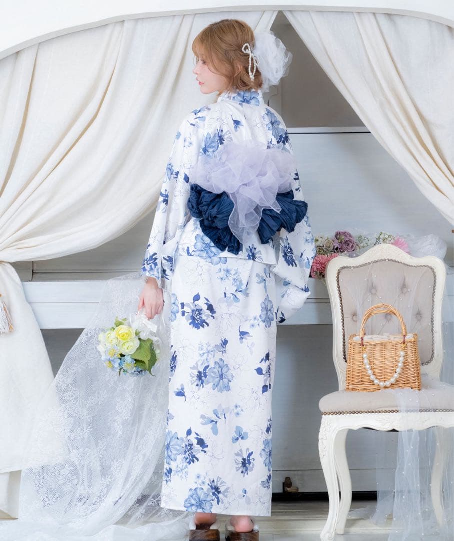 浴衣ワンピース2way水彩ニュアンスブルーフラワーゆかた3点