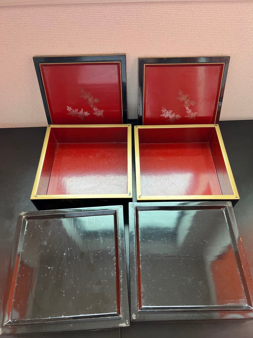 785 黒漆塗り沈金重箱　鶴松金蒔絵　松　4重　高級