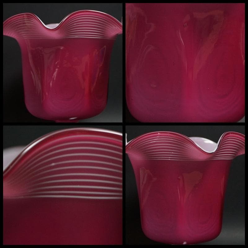 アンティーク大正ウランガラス宙吹き千筋文大型氷コップグラス花器 気泡入美品希少品