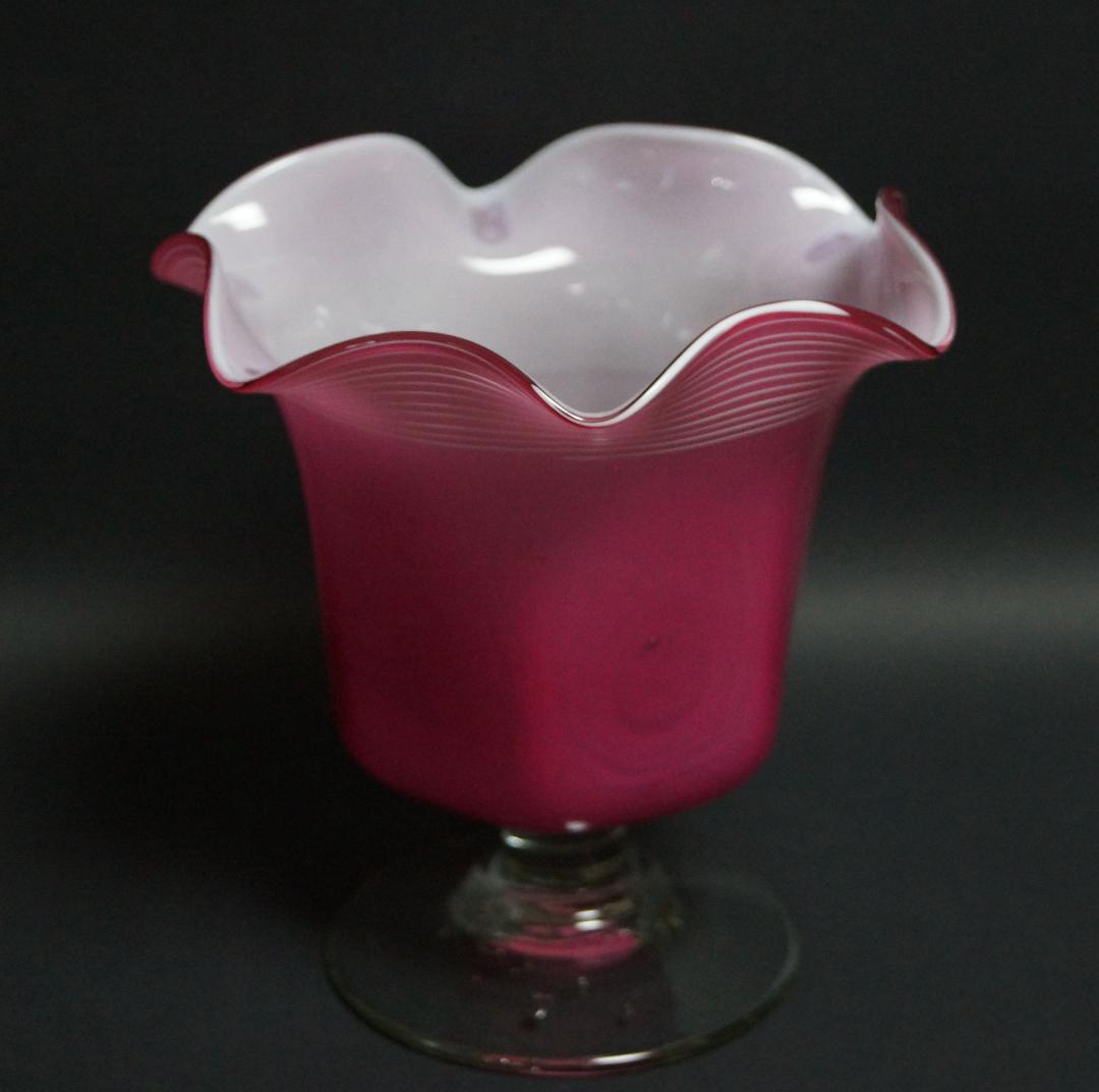 アンティーク大正ウランガラス宙吹き千筋文大型氷コップグラス花器 気泡入美品希少品