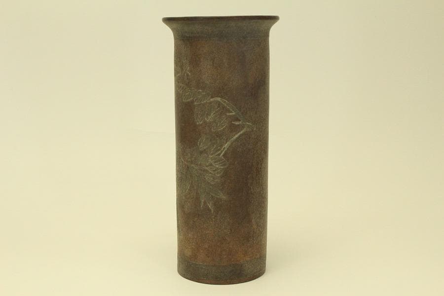 中国美術 朱泥 刻花鳥紋 在印 筒花瓶 骨董 時代物(HA528)